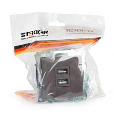 Розетка двухместная USB Stekker Катрин шоколад GLS10-7115-04 49027 2